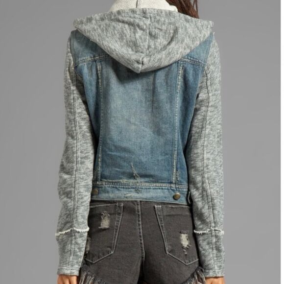NWT Free People Knit Sweatshirt Hooded Distressed Denim Button Down Jacket SZ XS - Picture 2 of 16